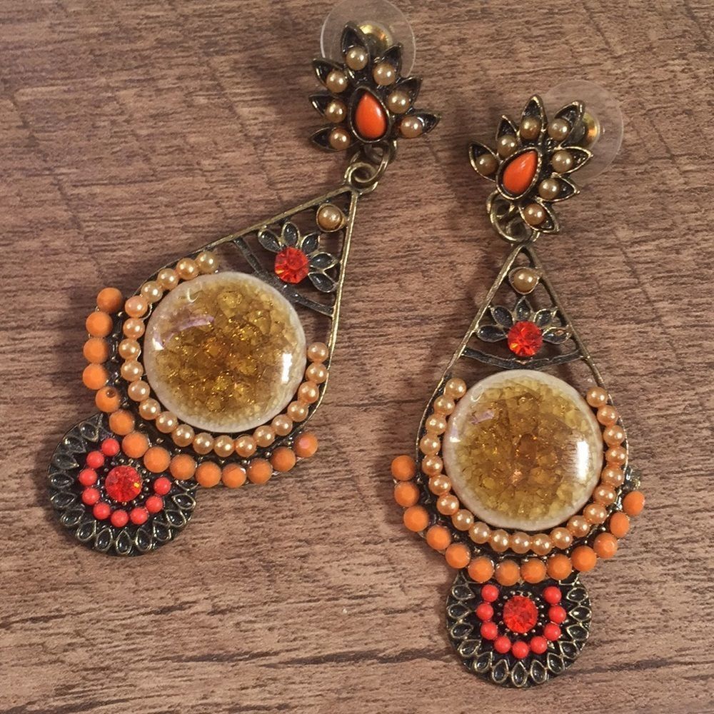 Statement Earrings. Post Dangles Orange Rhinestone - image 4